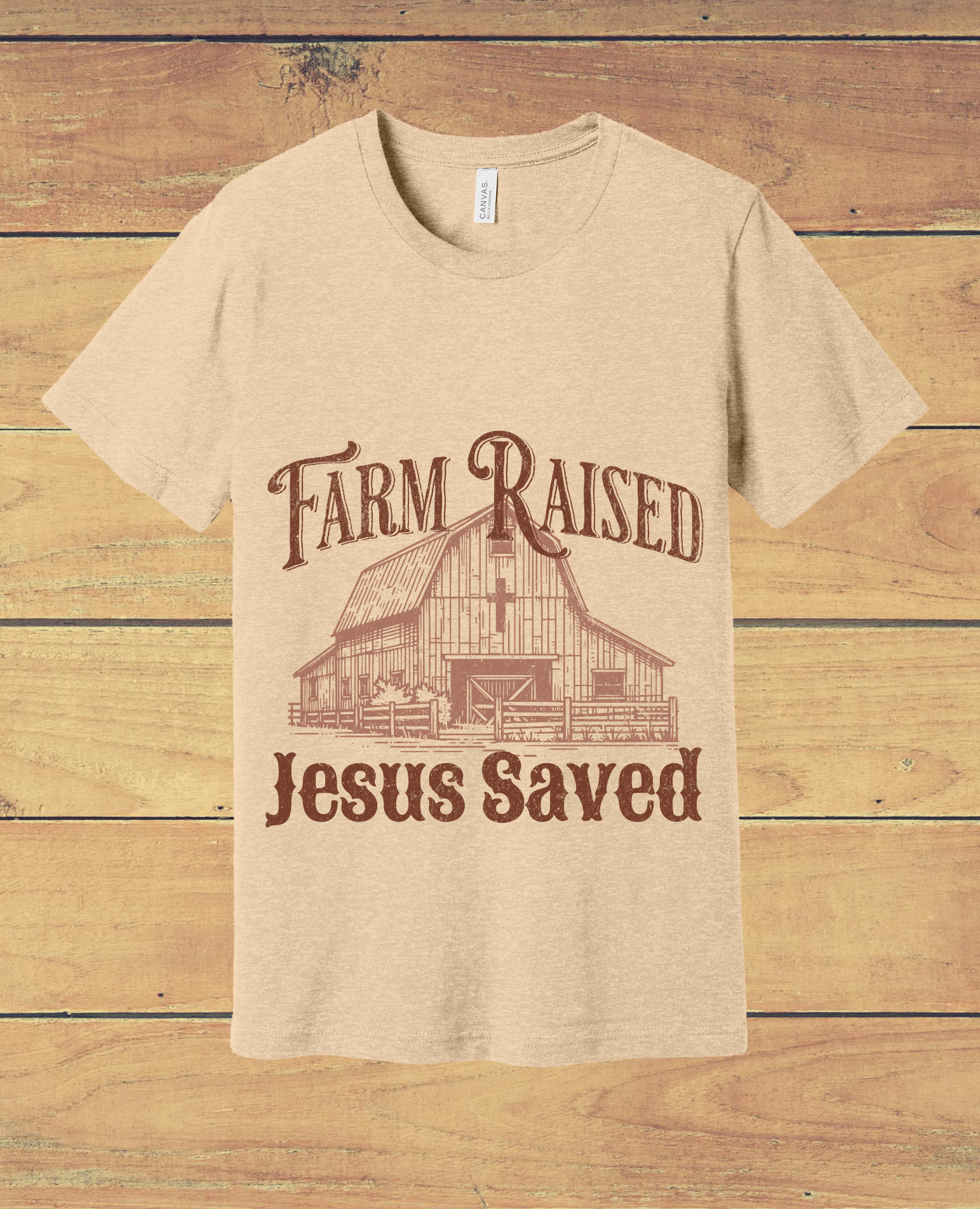 39 - Farm Raised Jesus Saved RUST wording Christian T-Shirt