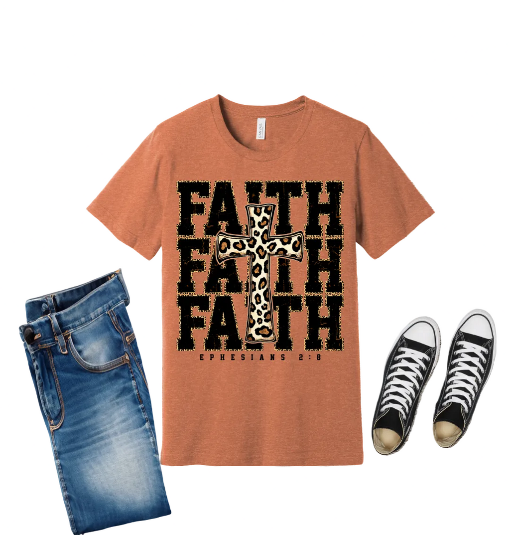 40 - Faith with cheetah print cross - Christian Cross T-Shirt