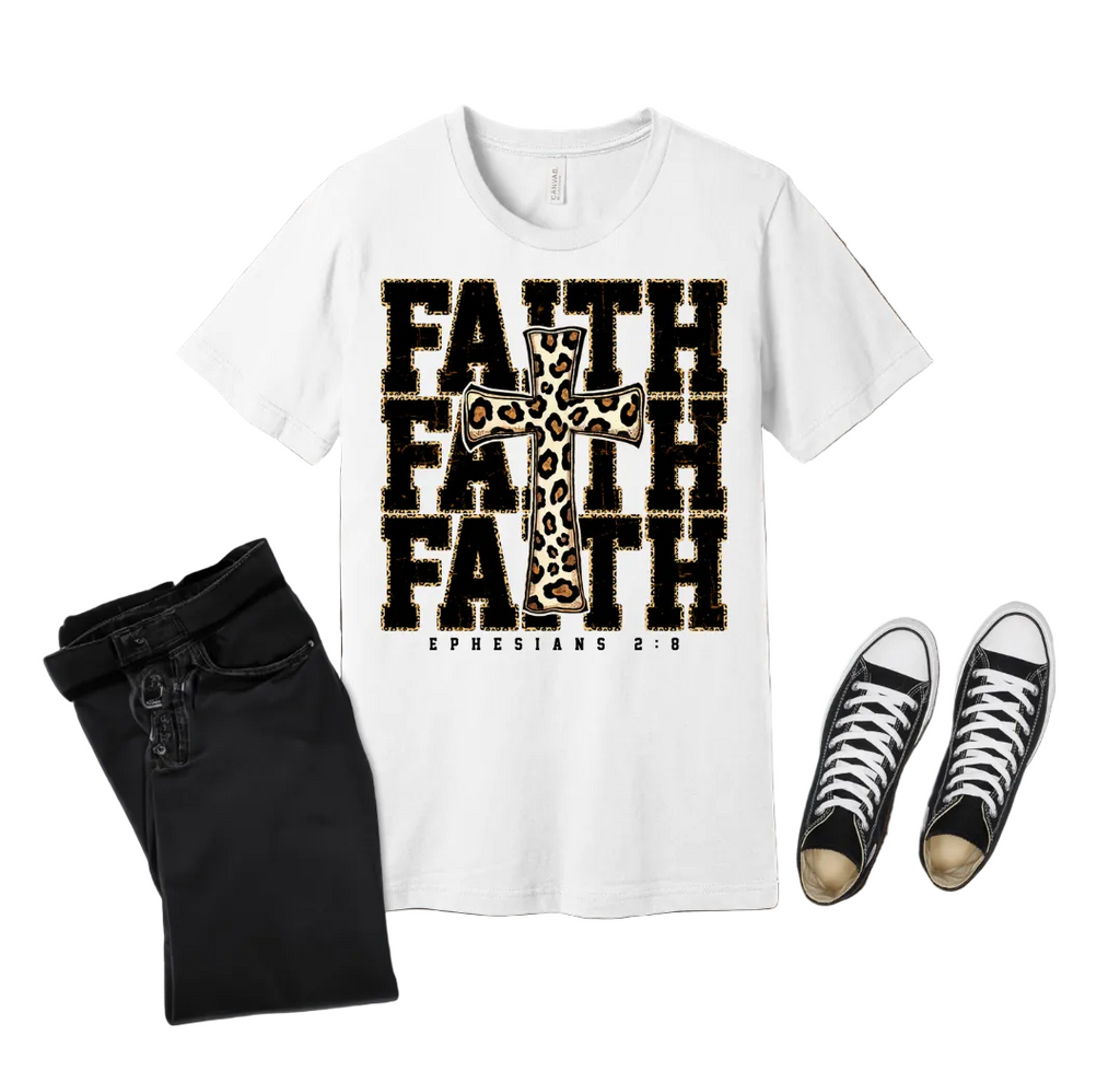 40 - Faith with cheetah print cross - Christian Cross T-Shirt