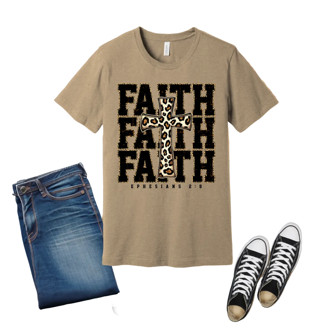 40 - Faith with cheetah print cross - Christian Cross T-Shirt