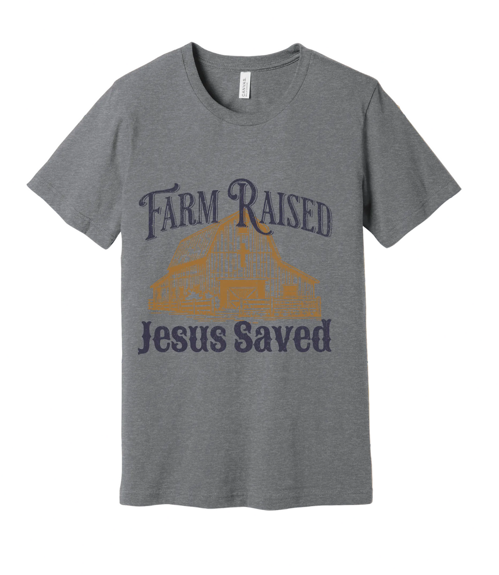 38 - Farm Raised Jesus Saved NAVY wording - Christian Country T-Shirt