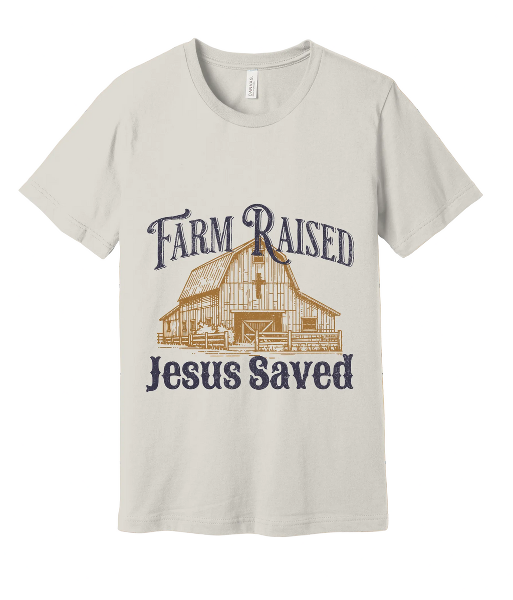 38 - Farm Raised Jesus Saved NAVY wording - Christian Country T-Shirt