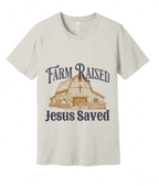 38 - Farm Raised Jesus Saved NAVY wording - Christian Country T-Shirt