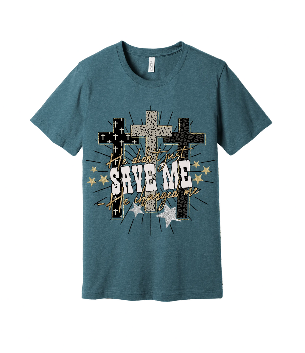 41 - He Didn't Just Save Me, He Changed Me - Christian Cross T-Shirt
