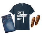 Navy t-shirt with humorous design, paired with jeans and shoes on a light gray background.