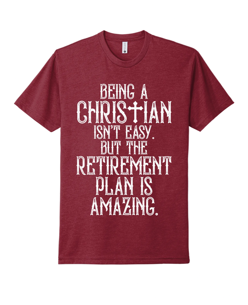 Maroon t-shirt with white text on a textured gray background